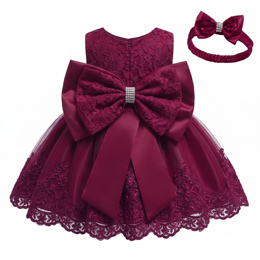 Royal Burgundy Floral Lace Party Frock With Matching Headband