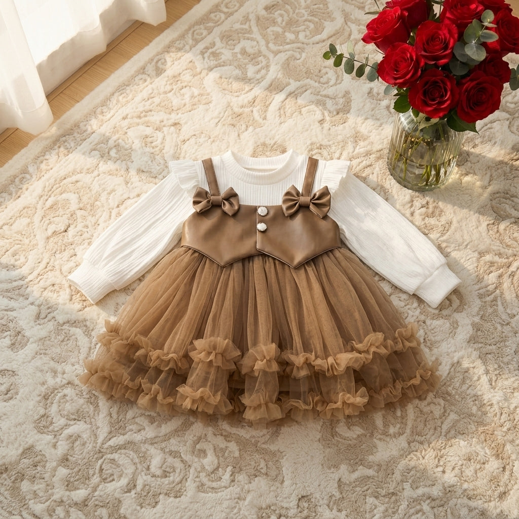 PU Leather & Tulle Princess Dress-Brown