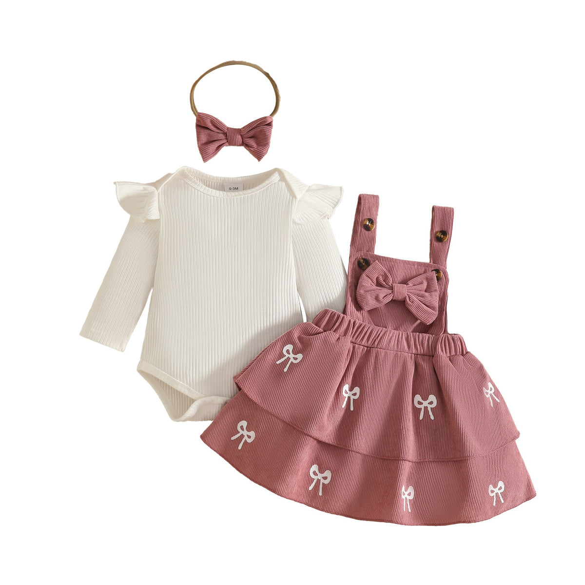 π 3-Piece Winter Ribbed Long-Sleeve Romper + Double-Layer Suspender Skirt + Bow Headband Set π