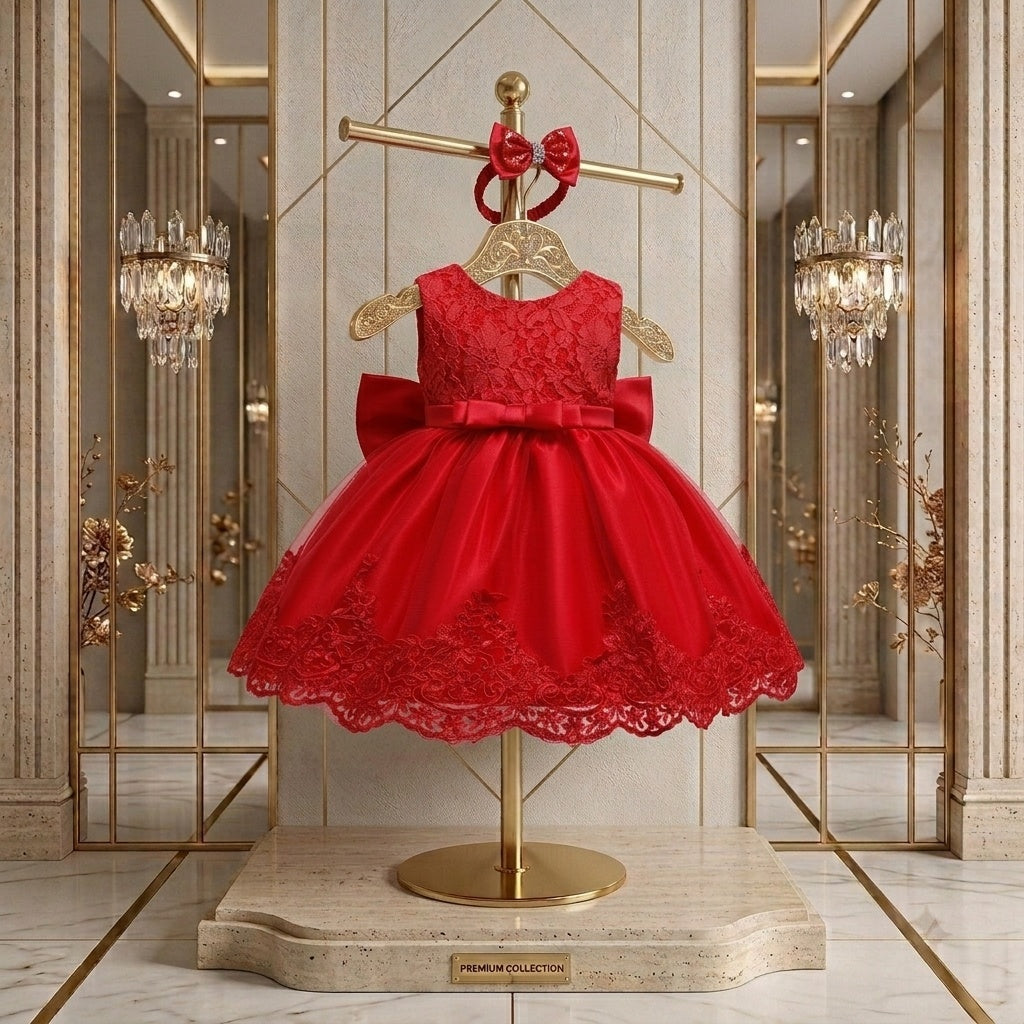 Royal Red Floral Lace Party Frock With Matching Headband