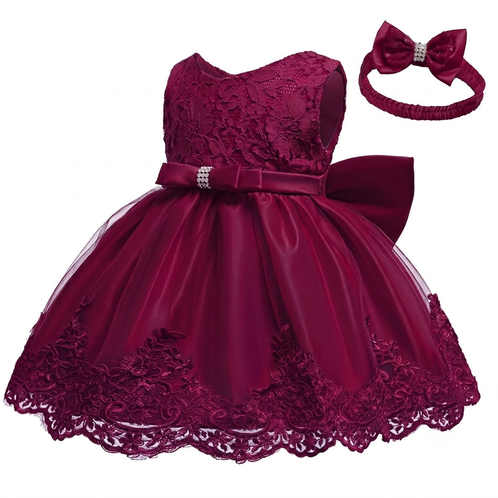 Royal Burgundy Floral Lace Party Frock With Matching Headband