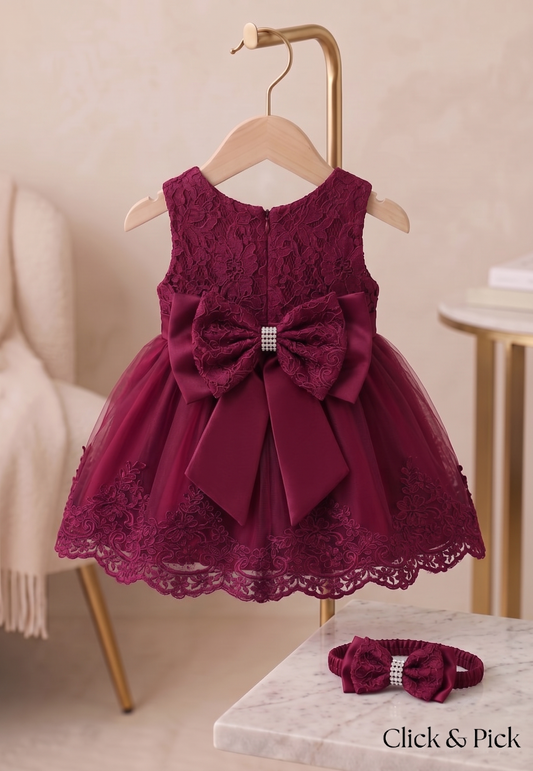 Royal Burgundy Floral Lace Party Frock With Matching Headband