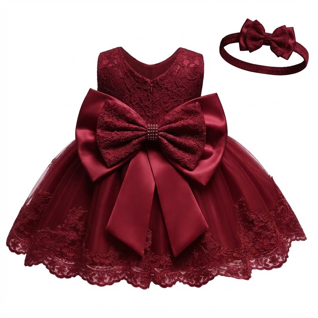 Royal Maroon Floral Lace Party Frock With Matching Headband