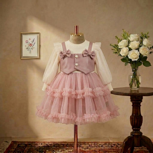 PU Leather & Tulle Princess Dress-Pink