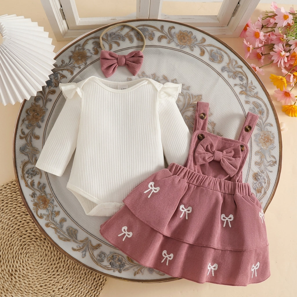 🎀 3-Piece Winter Ribbed Long-Sleeve Romper + Double-Layer Suspender Skirt + Bow Headband Set 🎀