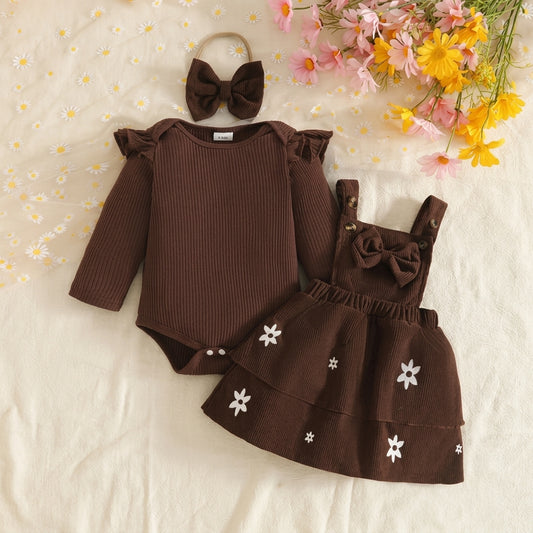 🎀 3-Piece Winter Ribbed Long-Sleeve Romper + Double-Layer Suspender Skirt + Bow Headband Set 🎀