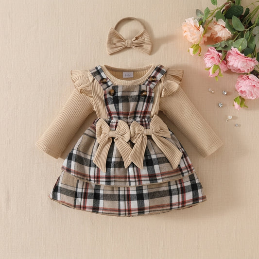 🎀 3-Piece Baby Girl Plaid Overall Dress Set-Romper+Skirt+Hairband 🎀