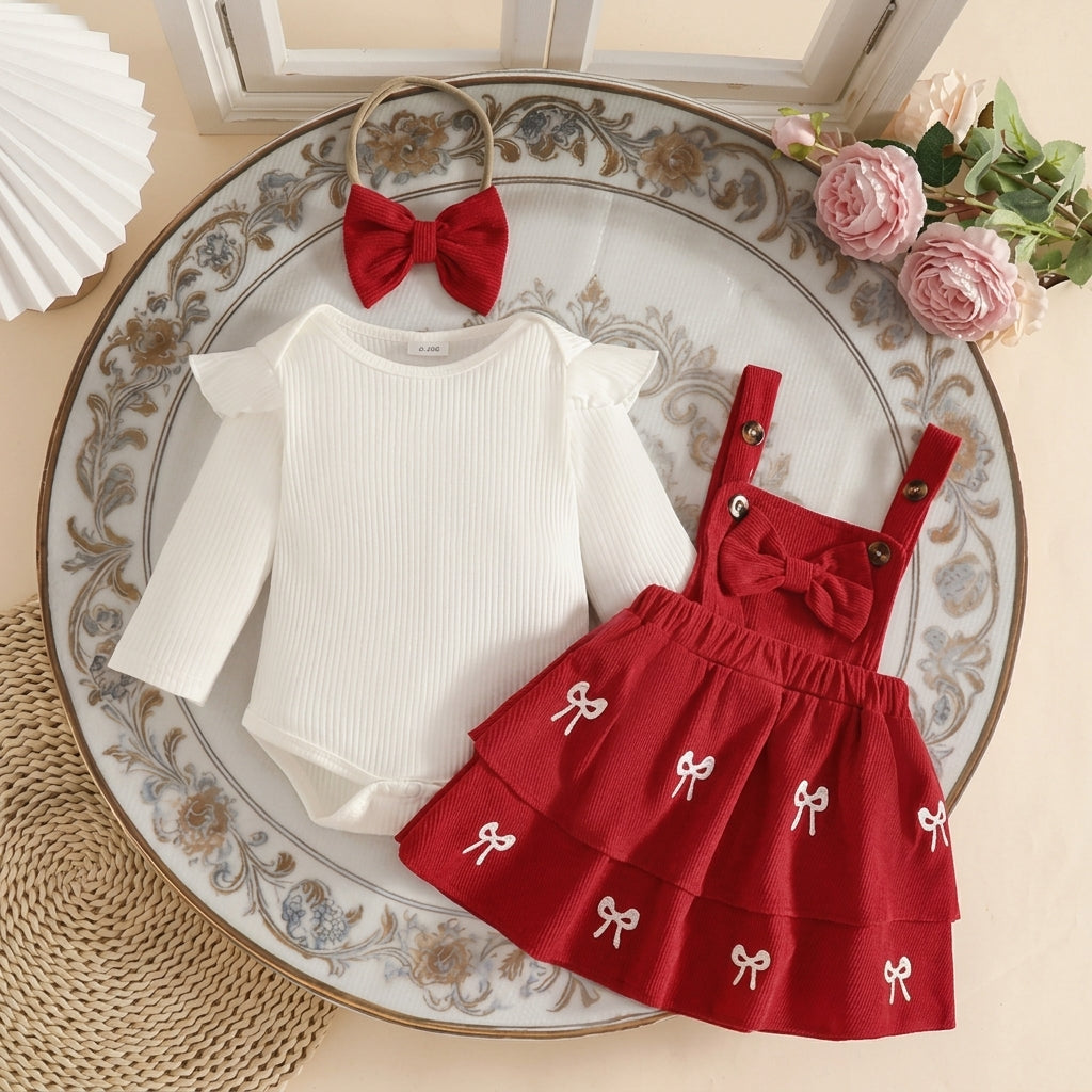 🎀 3-Piece Winter Ribbed Long-Sleeve Romper + Double-Layer Suspender Skirt + Bow Headband Set 🎀