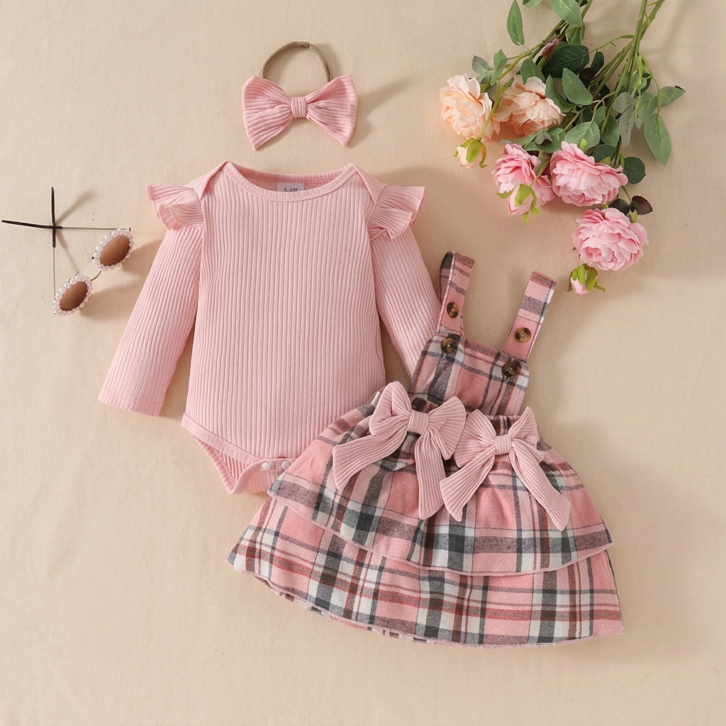 🎀 3-Piece Baby Girl Plaid Overall Dress Set-Romper+Skirt+Hairband 🎀