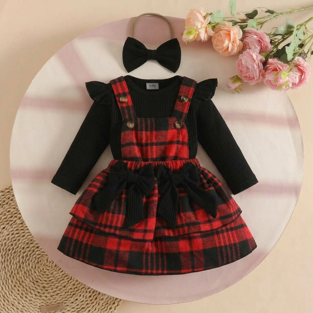 🎀 3-Piece Baby Girl Plaid Overall Dress Set-Romper+Skirt+Hairband 🎀