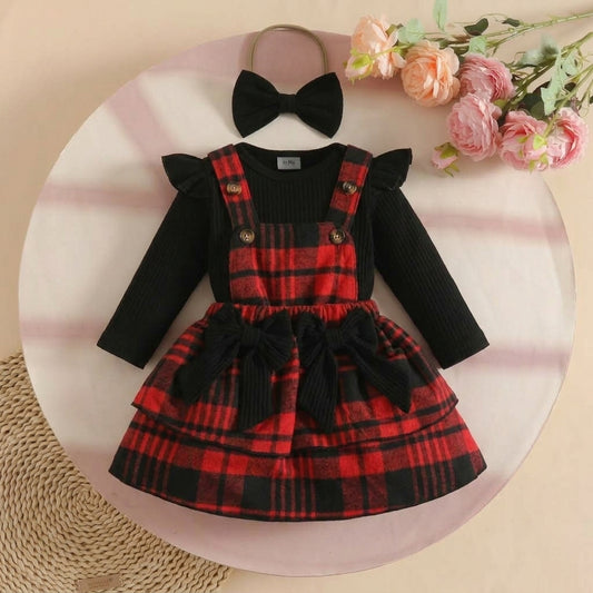 🎀 3-Piece Baby Girl Plaid Overall Dress Set-Romper+Skirt+Hairband 🎀