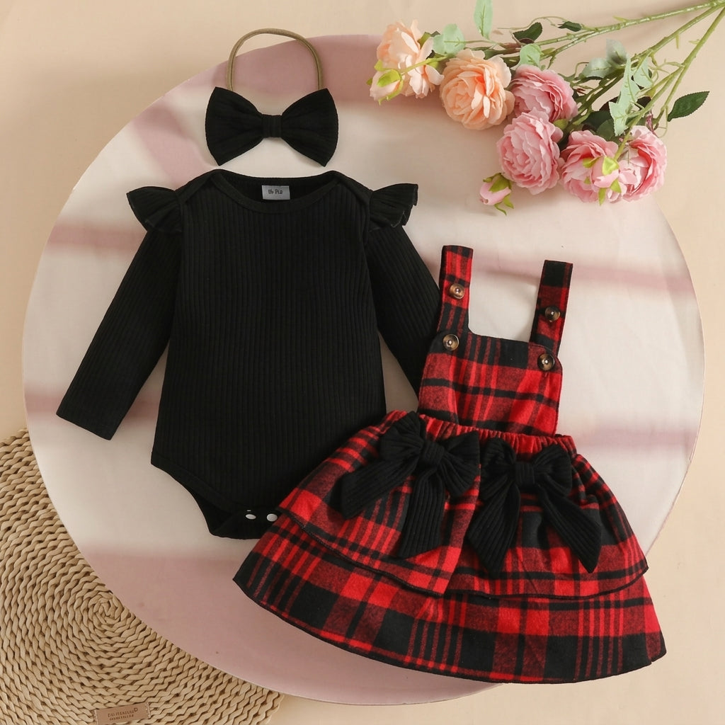 🎀 3-Piece Baby Girl Plaid Overall Dress Set-Romper+Skirt+Hairband 🎀