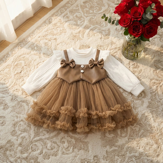 PU Leather & Tulle Princess Dress-Brown