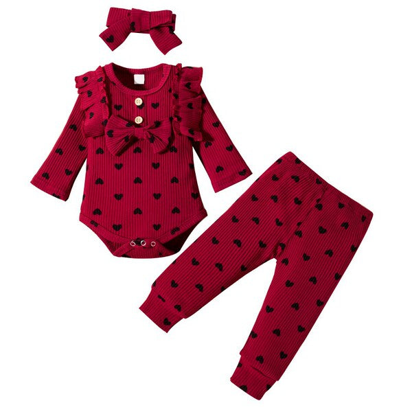 3-Piece set-Long Sleeve Romper + Long Pants + Headband Cotton