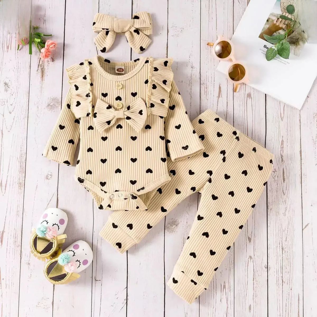 3-Piece set-Long Sleeve Romper + Long Pants + Headband Cotton