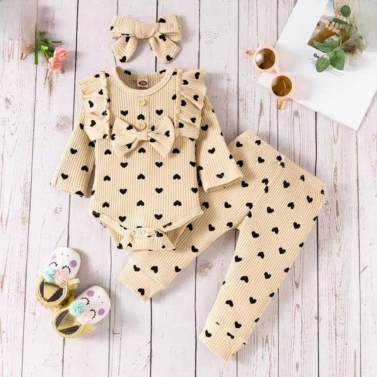 3-Piece set-Long Sleeve Romper + Long Pants + Headband Cotton