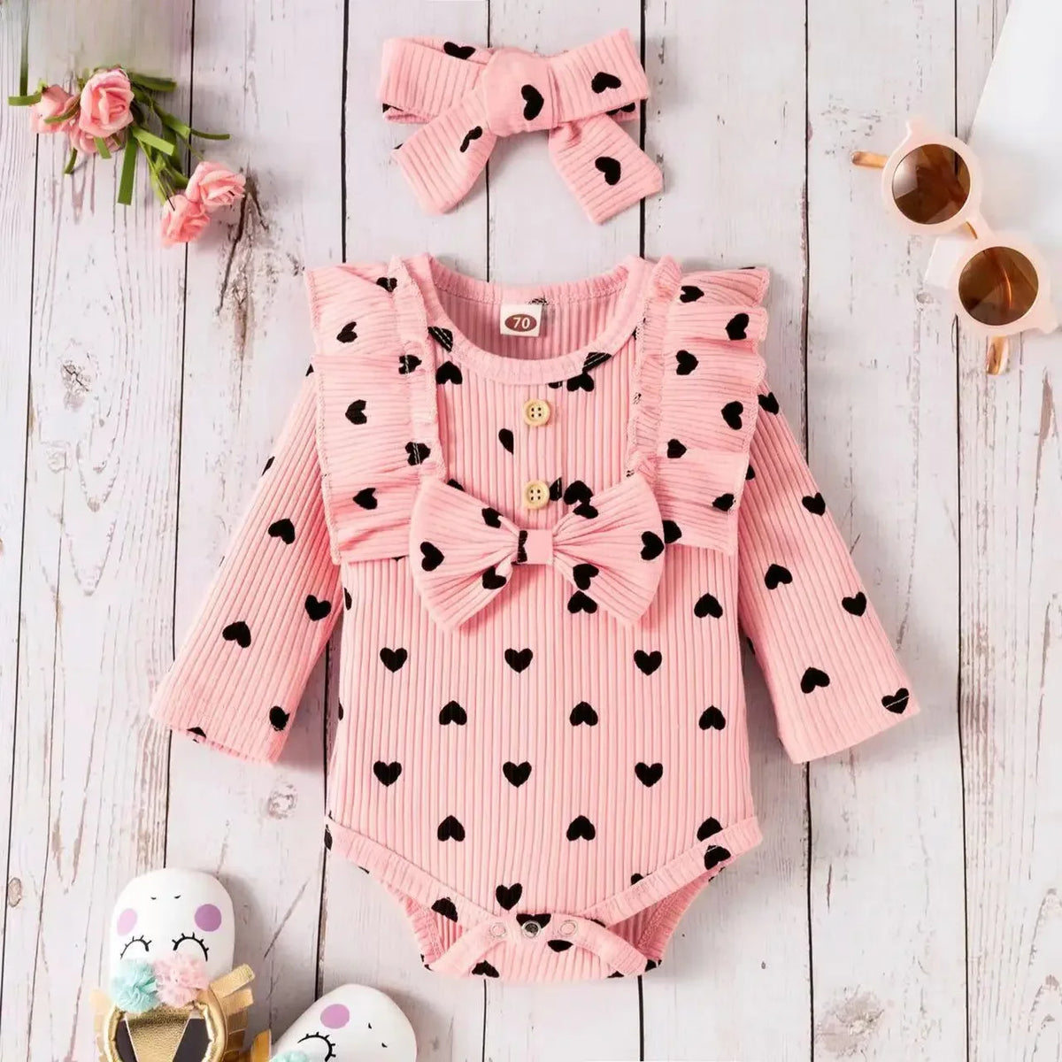 3-Piece set-Long Sleeve Romper + Long Pants + Headband Cotton