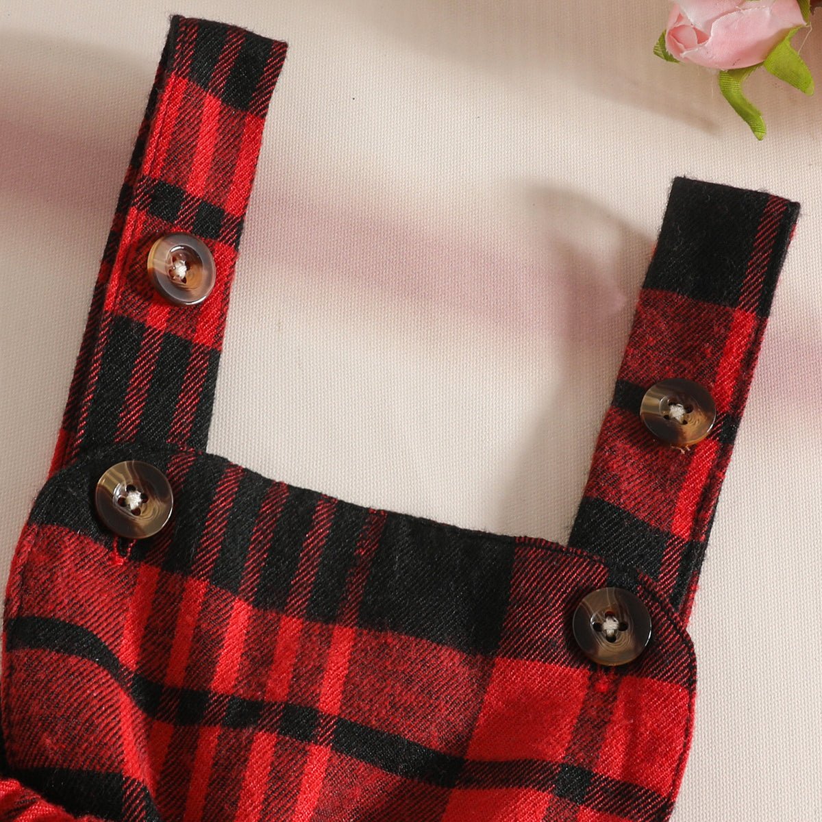 🎀 3-Piece Baby Girl Plaid Overall Dress Set-Romper+Skirt+Hairband 🎀