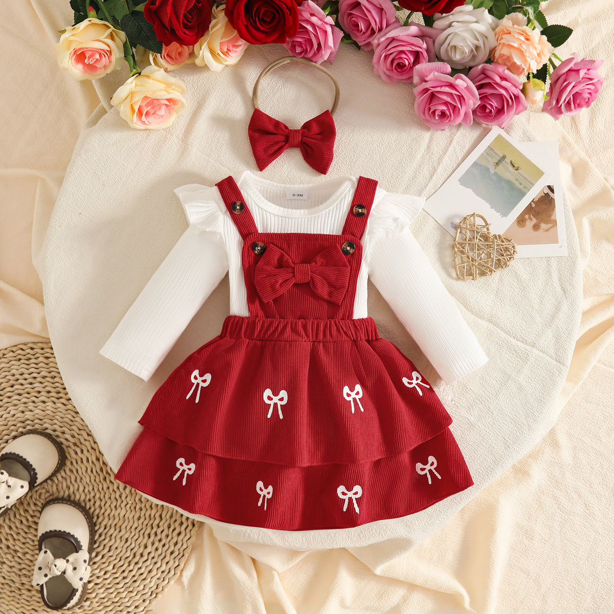 🎀 3-Piece Winter Ribbed Long-Sleeve Romper + Double-Layer Suspender Skirt + Bow Headband Set 🎀