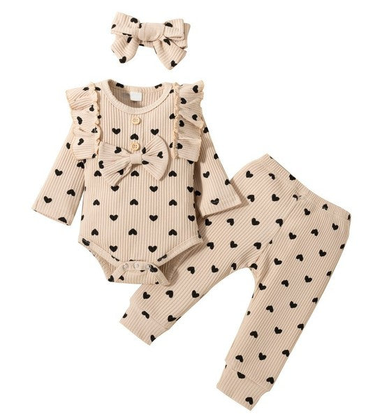 3-Piece set-Long Sleeve Romper + Long Pants + Headband Cotton