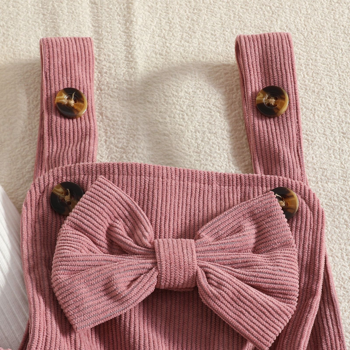 🎀 3-Piece Winter Ribbed Long-Sleeve Romper + Double-Layer Suspender Skirt + Bow Headband Set 🎀