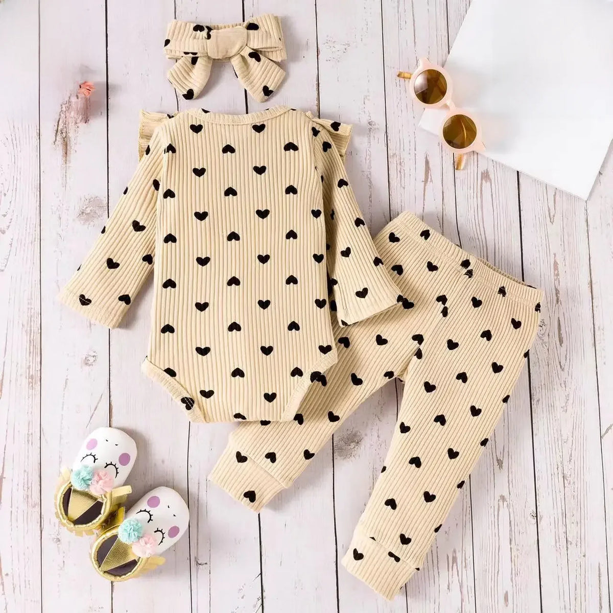 3-Piece set-Long Sleeve Romper + Long Pants + Headband Cotton