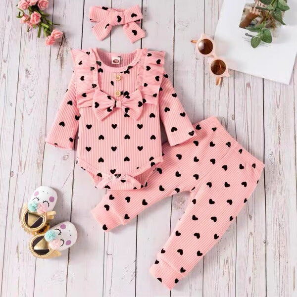 3-Piece set-Long Sleeve Romper + Long Pants + Headband Cotton