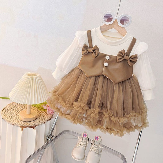 PU Leather & Tulle Princess Dress-Brown