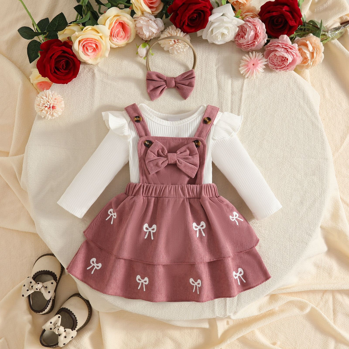 🎀 3-Piece Winter Ribbed Long-Sleeve Romper + Double-Layer Suspender Skirt + Bow Headband Set 🎀