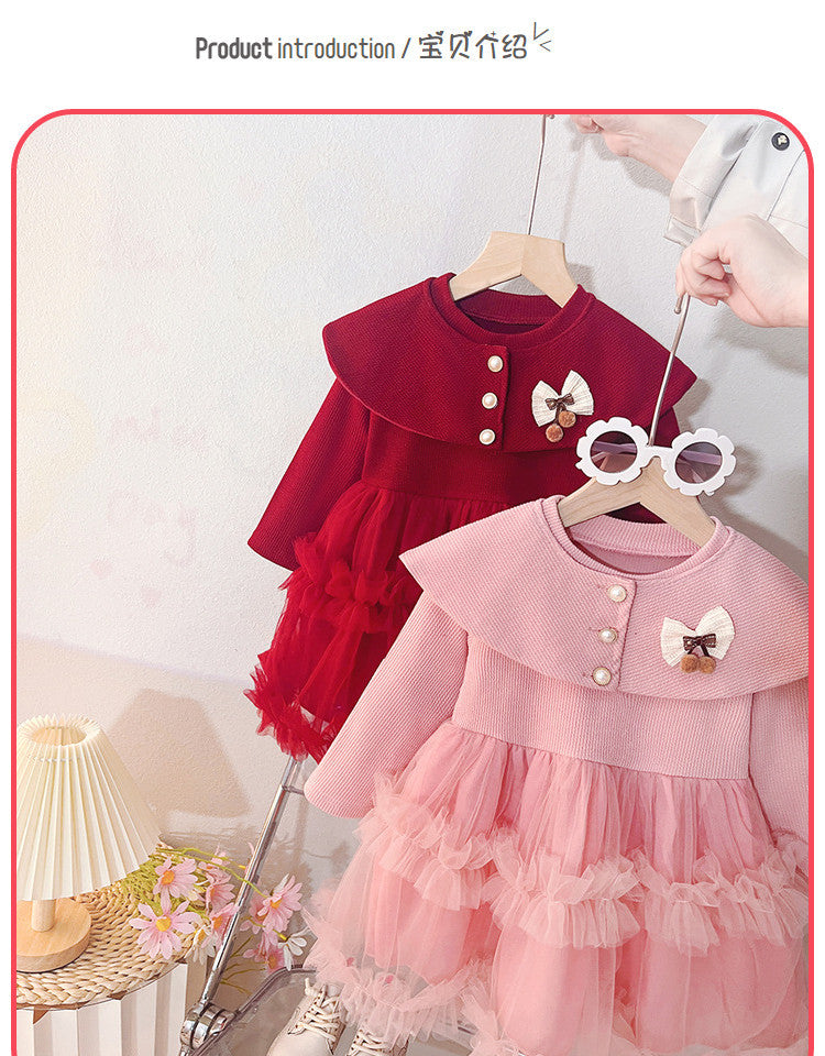 Shawl Collar Poncho Yarn Princess Dress Foreign Style-Pink