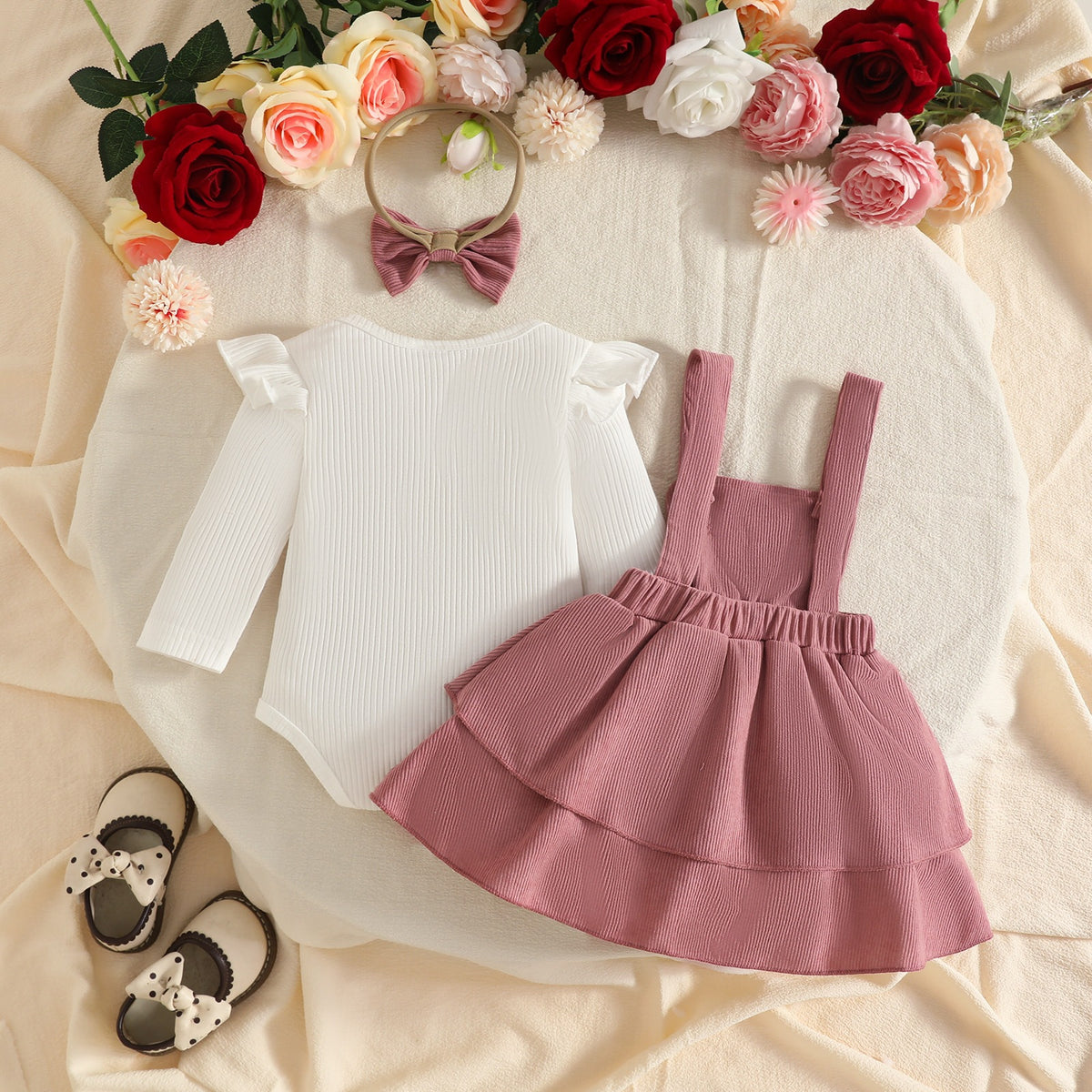 🎀 3-Piece Winter Ribbed Long-Sleeve Romper + Double-Layer Suspender Skirt + Bow Headband Set 🎀