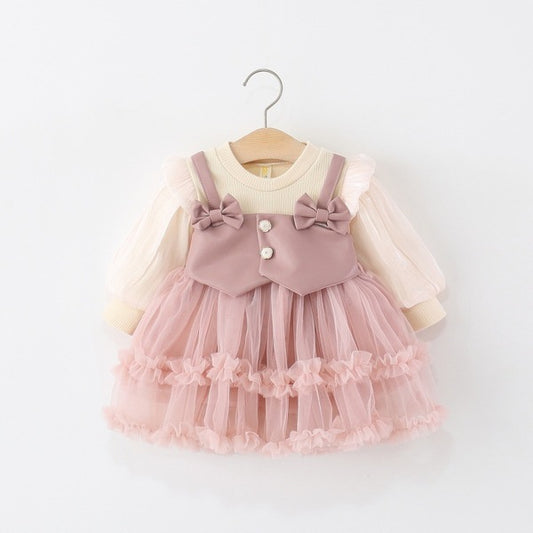 PU Leather & Tulle Princess Dress-Pink