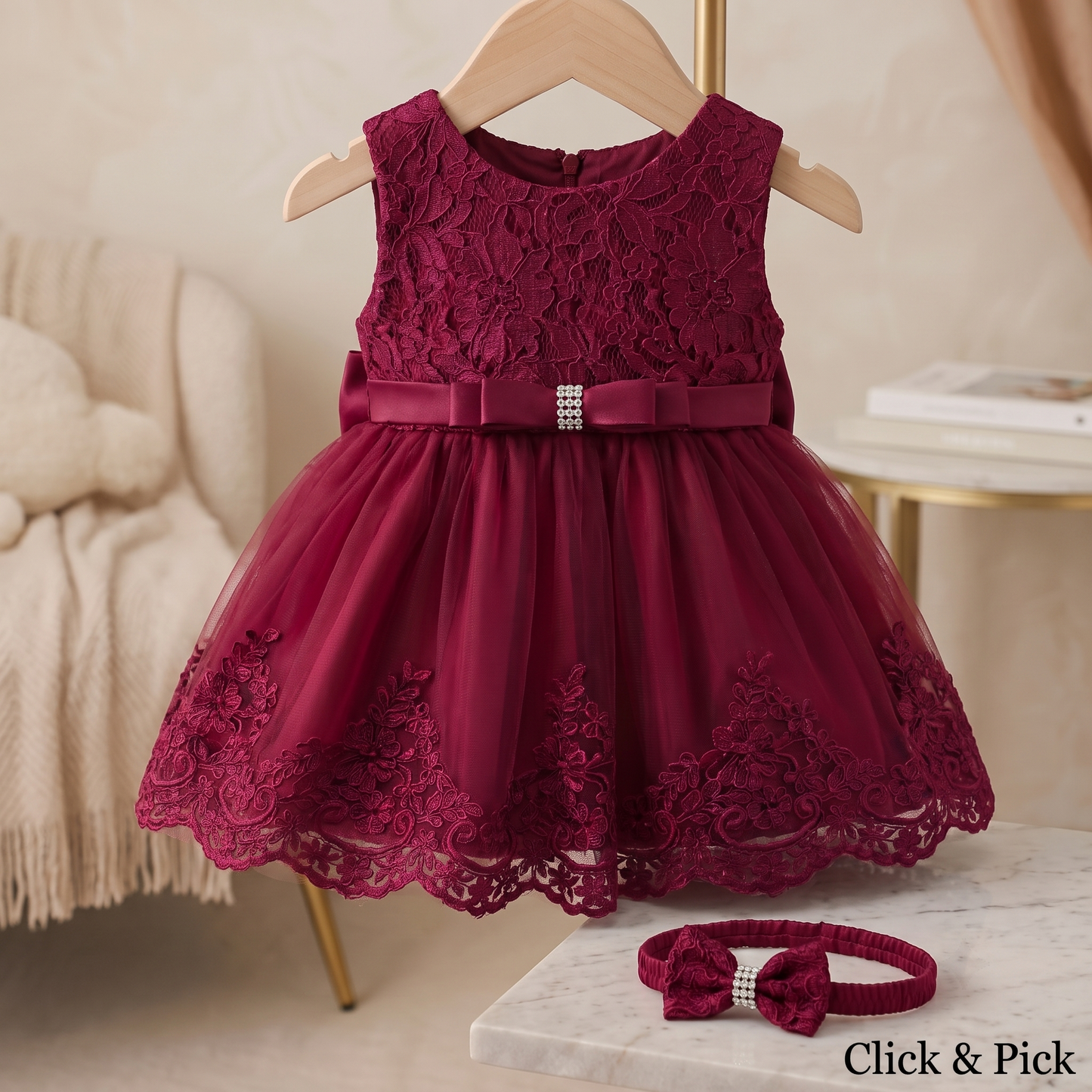 Royal Burgundy Floral Lace Party Frock With Matching Headband