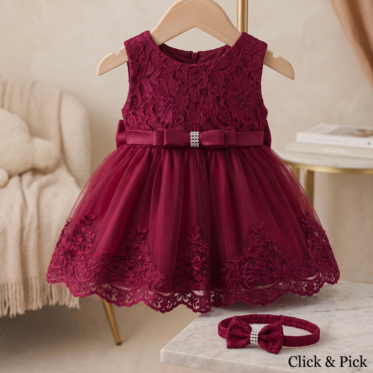 Royal Burgundy Floral Lace Party Frock With Matching Headband