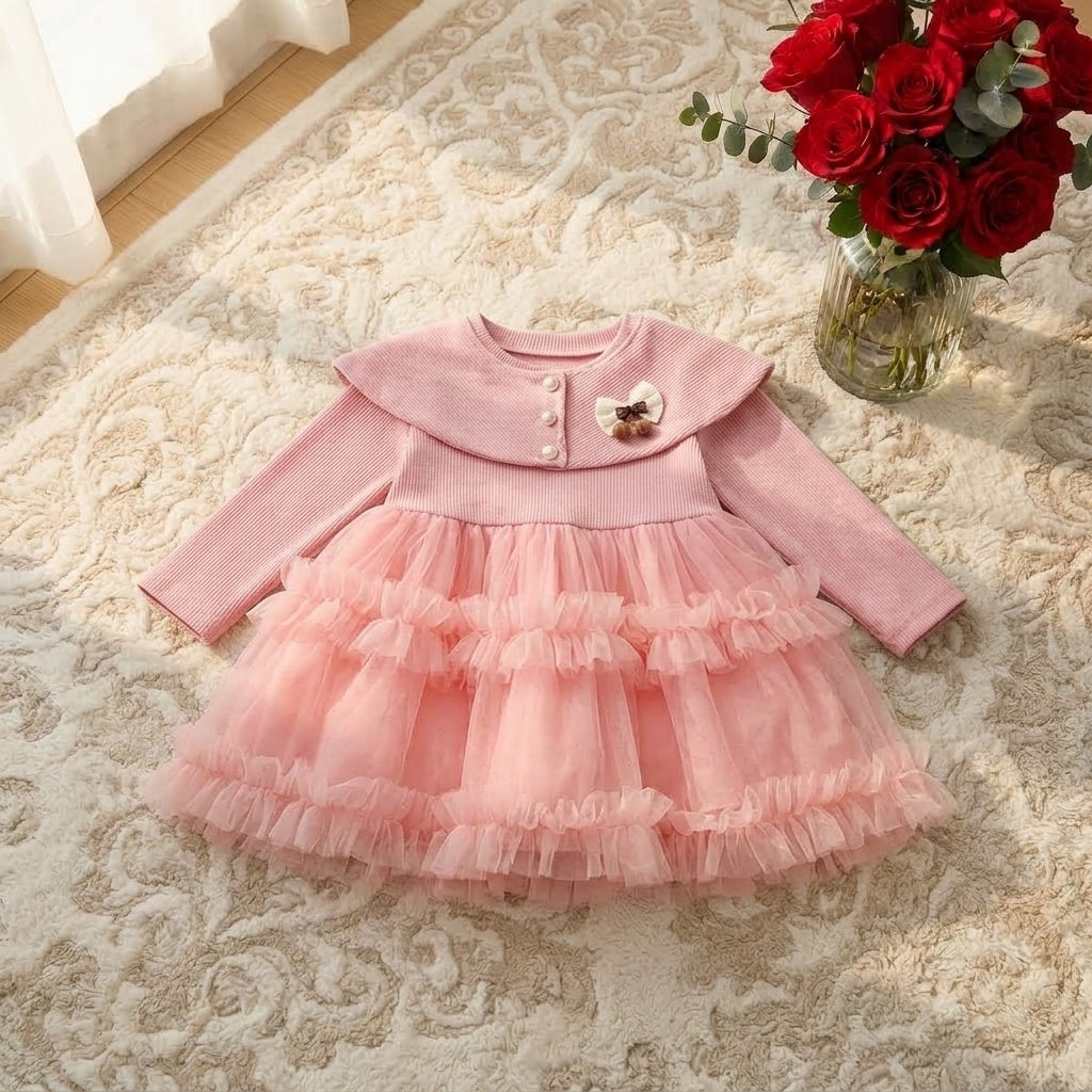 Shawl Collar Poncho Yarn Princess Dress Foreign Style-Pink