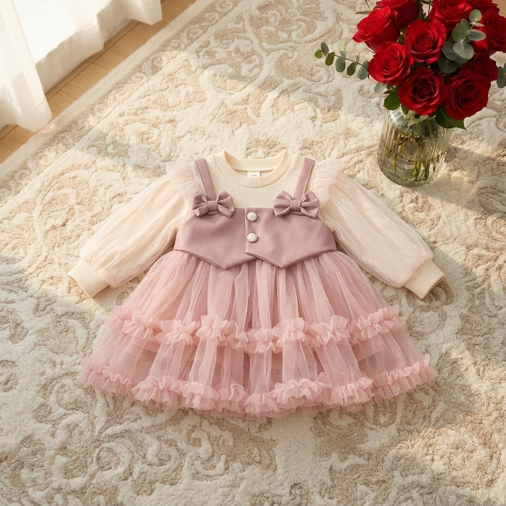 PU Leather & Tulle Princess Dress-Pink