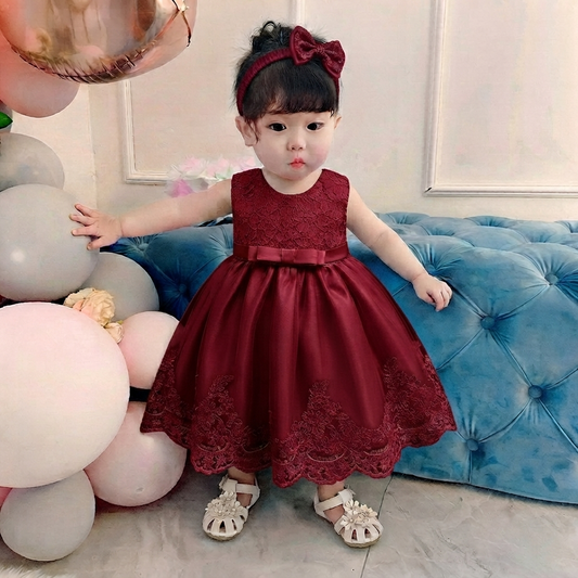 Royal Burgundy Floral Lace Party Frock With Matching Headband