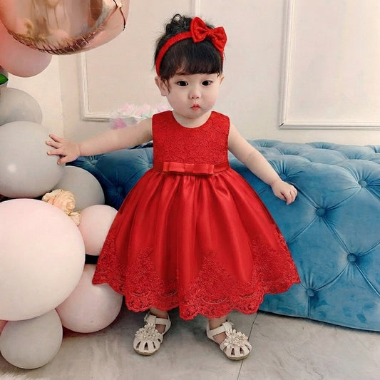 Royal Red Floral Lace Party Frock With Matching Headband