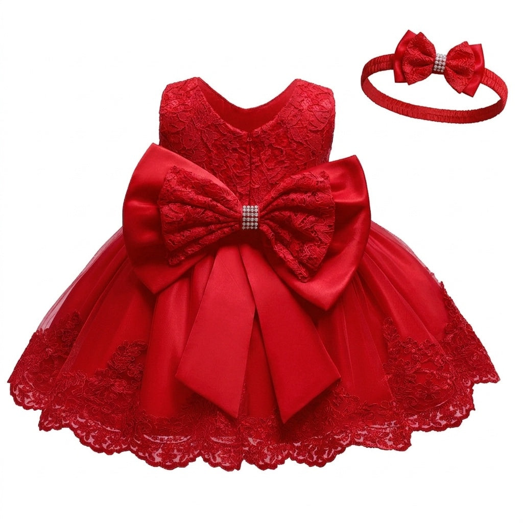 Royal Red Floral Lace Party Frock With Matching Headband